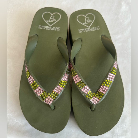 Lady Lanell’s Swarovski Crystal wedge Flip Flops. Olive green & pink. - Picture 1 of 9